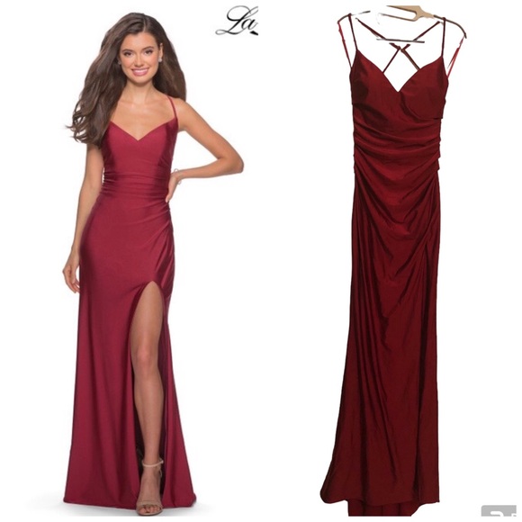 NWT La Femme Ling Crisscross Strapped High Slit Gown Burgundy Size 2 - Picture 3 of 12